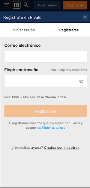 Análisis Rivalo Chile - Screenshot pantalla de registro Rivalo