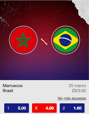Pronósticos Amistosos Internacionales - Marruecos x Brasil Cupón de apuesta