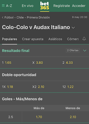 Collo Colo vs Audax Italiano pronostico - Cuotas Bet365