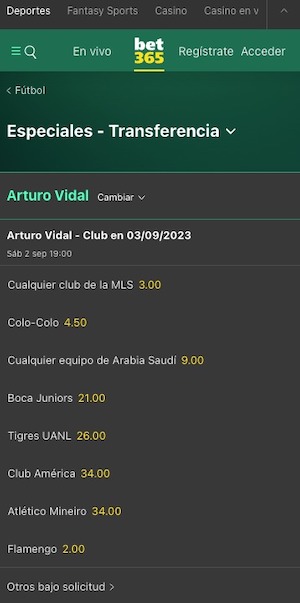 Próximo Club de Arturo Vidal - Cuotas Bet365