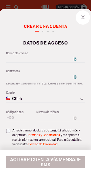 Betwarrior Chile - Crear Cuenta formulario