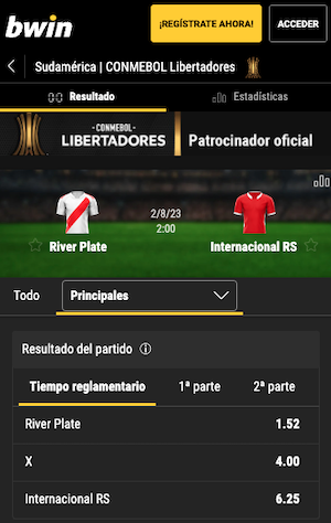 River Plate vs Internacional Pronostico - Cuotas Bwin para los octavos de la Libertadores