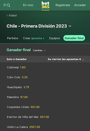 Bet365 Chile - Apuestas al ganador de la Primera División 2023
