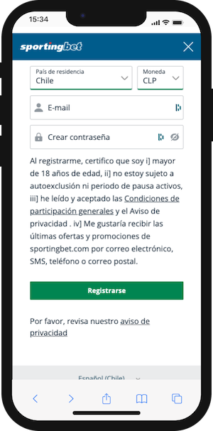 App Sportingbet - Formulario de registro