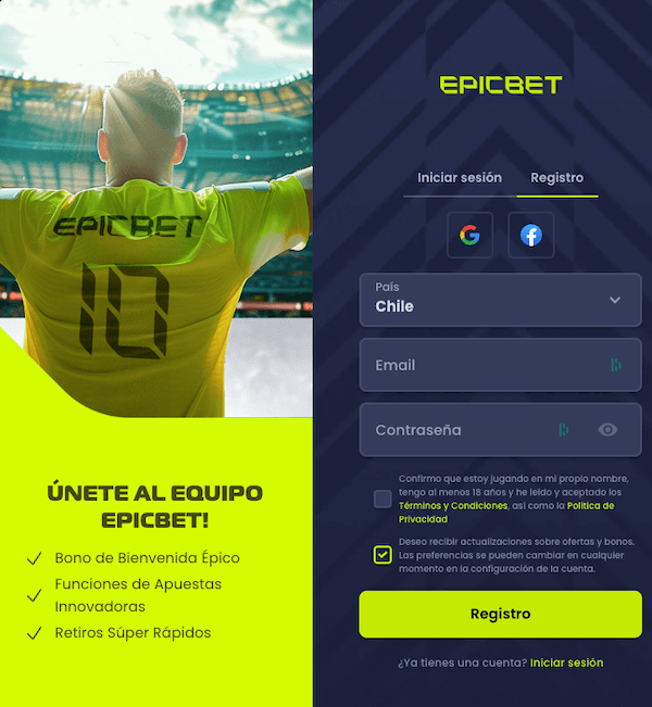 Epicbet Chile - Pantalla de Registro