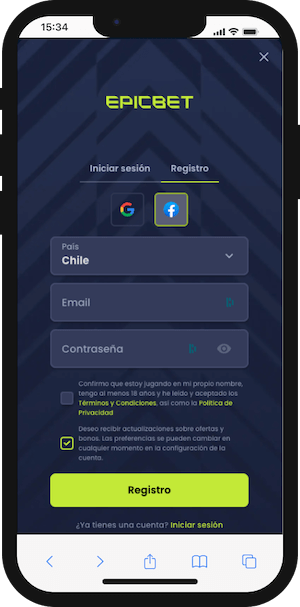 Pantalla de registro Epicbet móvil